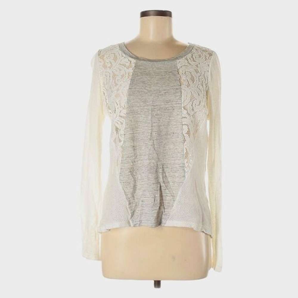 OST Long Sleeve Linen Blend Top Size M Lace Embroidered Round Neck Ivory Gray‎